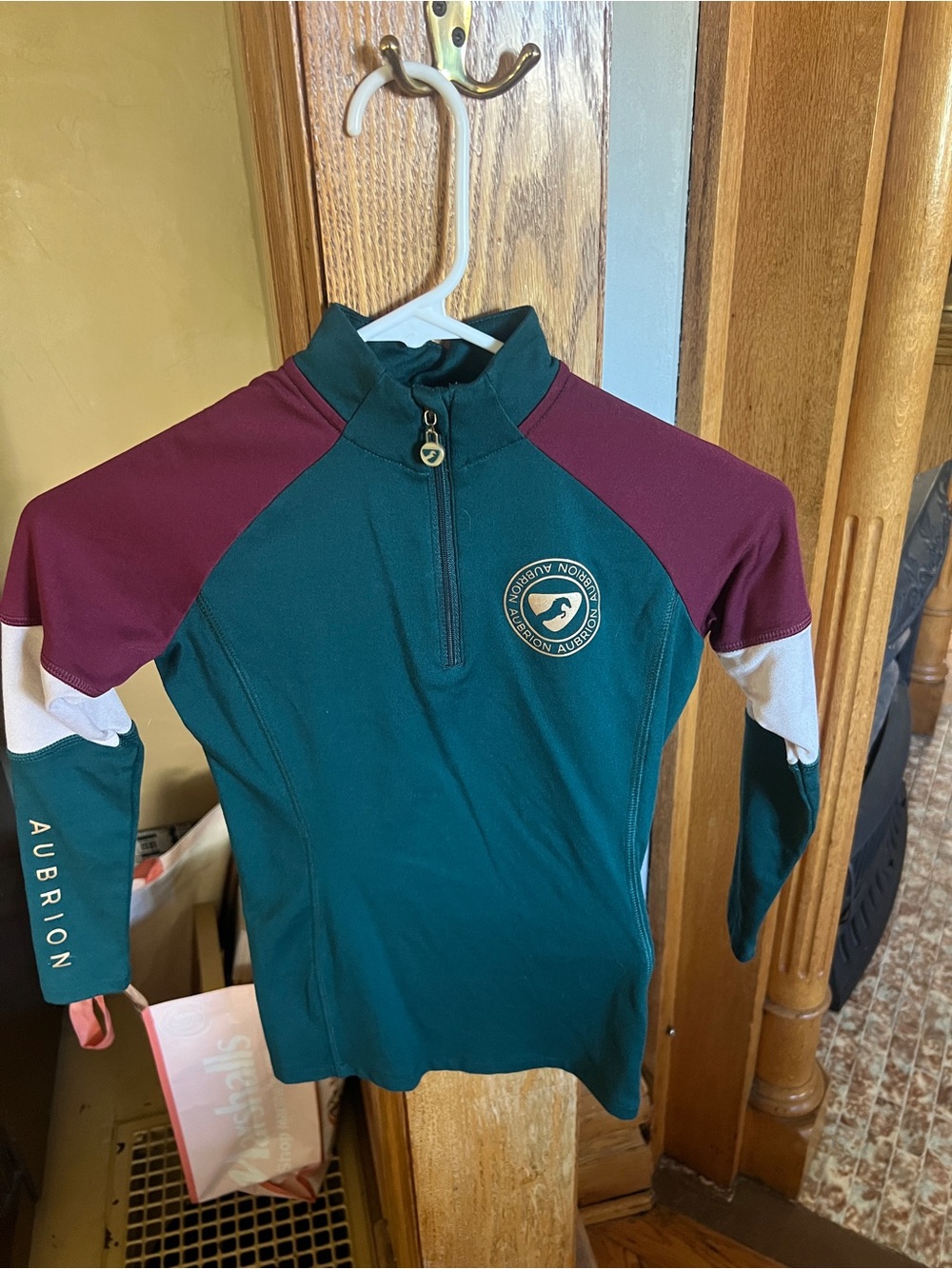 Aubrion Kids Green & Burgundy Equestrian Quarter-Zip Top
